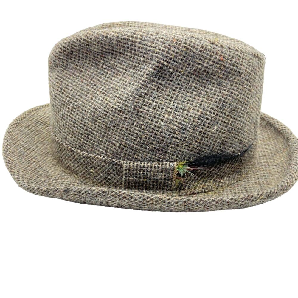 Grandpa Hat 70s JC Penny Mens Tan Gray Check Fitted Comfort Fedora Size 7 1/8